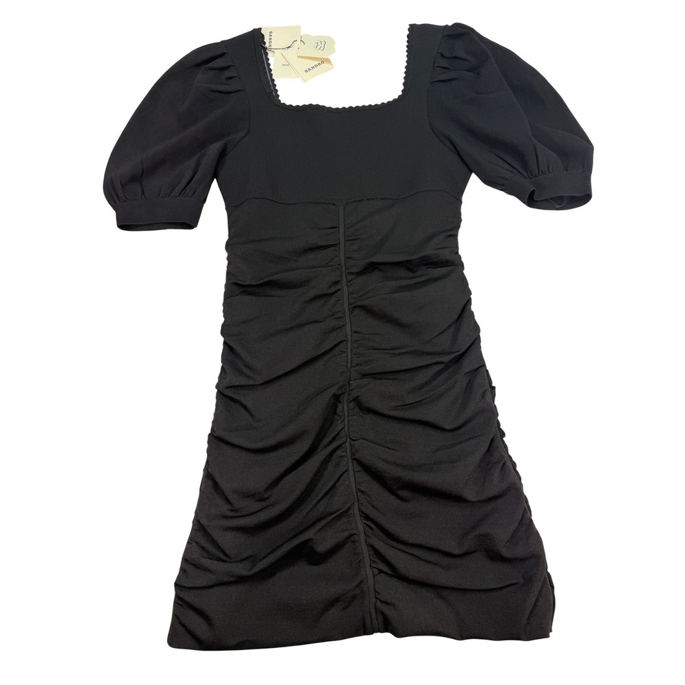 Sandro Poitou Knit Mini Dress 38 US 6 Black Ruched Puff Sleeve NWT LBD Event - Picture 4 of 10